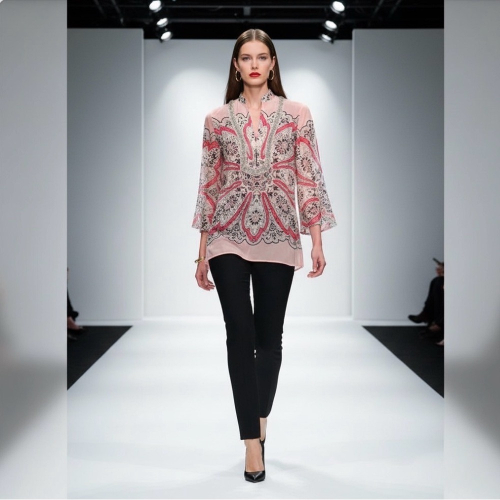 Allen B/Allen Schwartz Raspberry Black Embroidered Hip-Length Blouse with beads